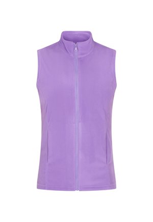 Paarse fleece vest met een hoge kraag en een rits aan de voorkant. Gladde textuur zonder patronen, zijzakken aan elke kant.