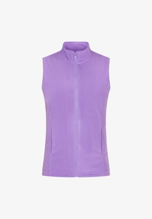 Vest din fleece de culoare purpurie, cu guler înalt și fermoar frontal. Textură netedă, fără modele, cu buzunare laterale pe fiecare parte.