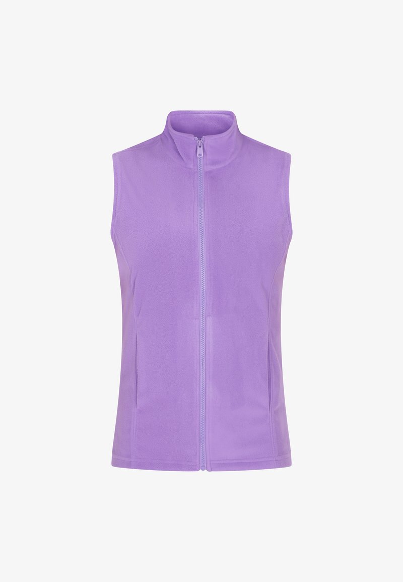 Lila fleeceväst med hög krage och dragkedja fram. Slät textur utan mönster, sidofickor på varje sida.