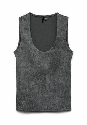 Camiseta sin mangas para hombre en gris oscuro, con una textura ligeramente desgastada y un escote profundo.