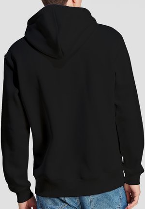 Schwarzer Hoodie mit großer, verstellbarer Kapuze. Weicher Stoff, lange Ärmel und gerippte Bündchen. Einfaches Design, ohne zusätzliche Verzierungen.