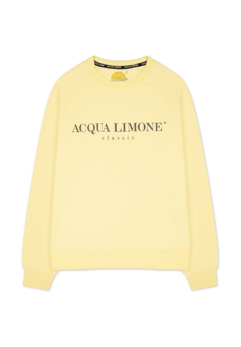 Gul sweatshirt med rund halsringning, ribbad ärmslut och nederkant. Har logotypen "ACQUA LIMONE" i mörkgrått på framsidan. Klassisk passform.