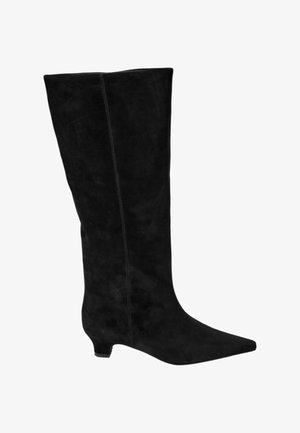 Botă neagră din suede, până la genunchi, cu vârf ascuțit și toc mic. Prezintă o suprafață curată și netedă, cu cusături subtile pe lateral.