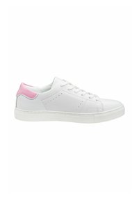 Weiße Leder-Sneaker mit pinkem Akzent an der Ferse, flacher Gummisohle und perforierten Details an den Seiten. Schnürdesign für einen sicheren Sitz.