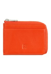 Orange leather wallet with a zip closure, credit card slots, and embossed logo detail. Textured surface and clean, rectangular design.