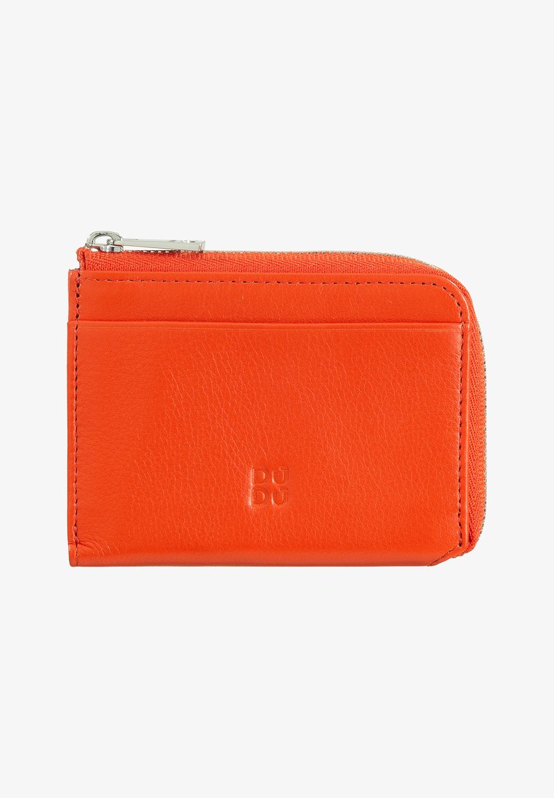 Orange leather wallet with a zip closure, credit card slots, and embossed logo detail. Textured surface and clean, rectangular design.