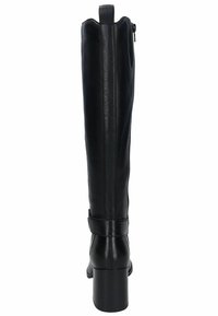 Botte noire en cuir, hauteur genou, avec une finition lisse, un bout rond et un talon épais. Elle possède une fermeture éclair sur le côté et une sangle assortie à la cheville.