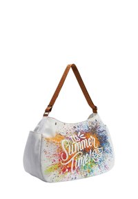 Borsa in pelle bianca con un design a macchie colorate e il testo "È tempo d'estate!". Manico marrone con lettering in rilievo. Forma arrotondata.