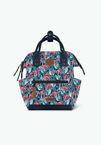 Floral backpack in navy, featuring red flowers and green leaves. Includes leather accents and a front zipper pocket. Robust handles.