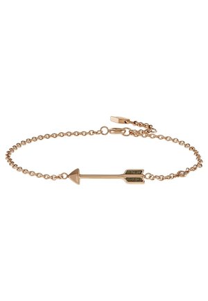 Bracelet délicat en chaîne d'or avec un petit charme flèche horizontal avec des incrustations noires texturées à l'extrémité des plumets.