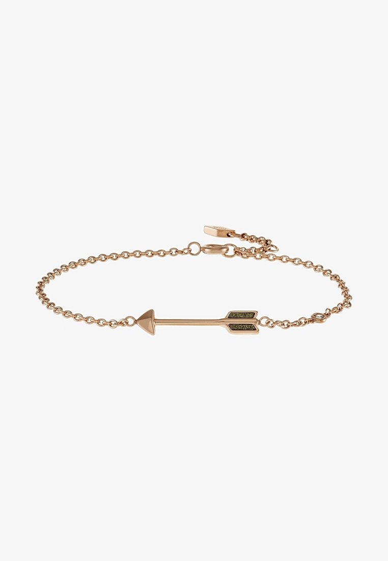 Bracelet délicat en chaîne d'or avec un petit charme flèche horizontal avec des incrustations noires texturées à l'extrémité des plumets.