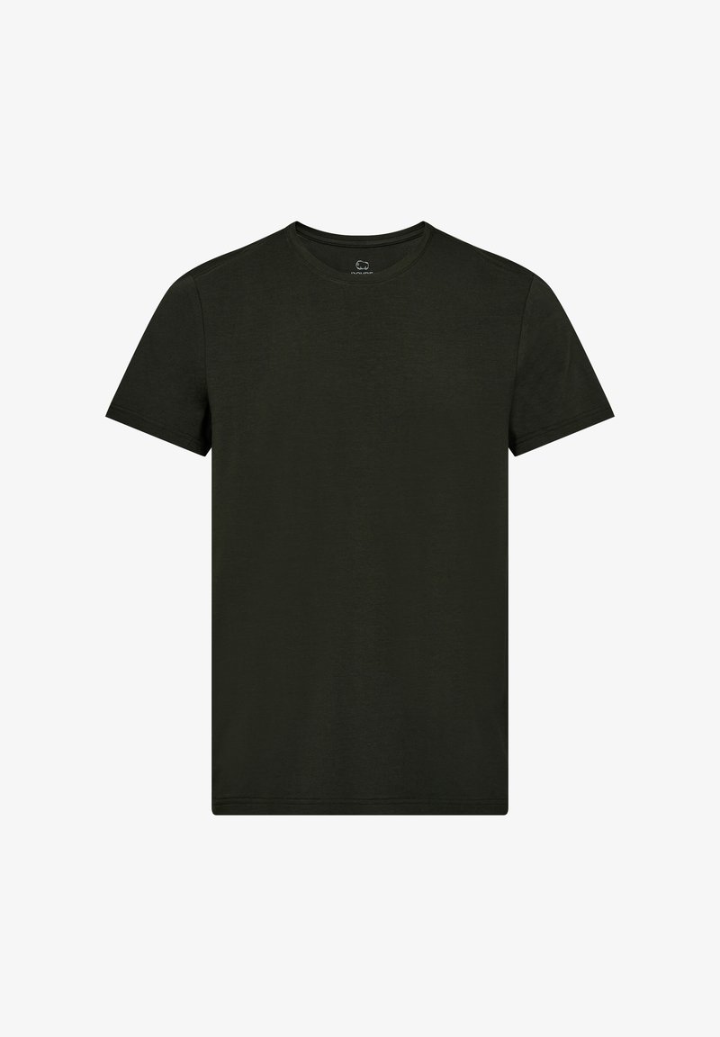 Mørkegrøn kortærmet t-shirt lavet af blød bomuld, med en klassisk rund hals og et enkelt, rent design uden mønstre eller detaljer.