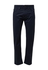 Marineblaue Baumwollhose mit geradem Bein, Knopfverschluss und vorderen Taschen. Verfügt über minimale Nähte und eine glatte Textur.