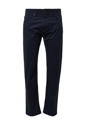 Granatowe bawełniane spodnie o prostym kroju nogawki, z zapięciem na guzik i przednimi kieszeniami. Charakteryzują się minimalnym przeszyciem i gładką fakturą.