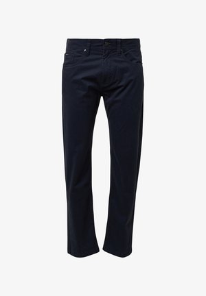 Marineblauwe katoenen broek met een rechte pijp, knoopsluiting en voorzakken. Kenmerkt zich door minimale stiksels en een gladde textuur.