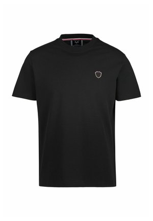 Black cotton t-shirt featuring a crew neck, short sleeves, and a small shield logo embroidered on the left side of the chest.