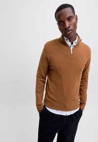 Maglione marrone con collo a zip in tessuto morbido, caratterizzato da maniche lunghe e una vestibilità comoda, indossato sopra una camicia bianca a righe.