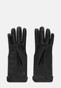 Czarne skórzane rękawiczki o gładkiej fakturze, z pięcioma palcami i lekko zwężanym nadgarstkiem. Brak widocznych oznaczeń lub ozdobników.