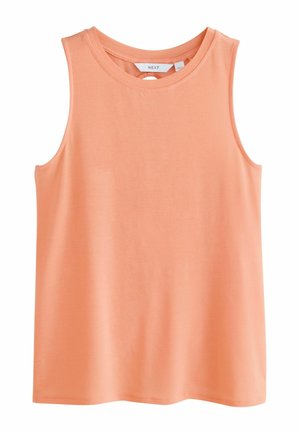 Ærmeløs koralfarvet tanktop med rund halsudskæring, ensfarvet design og nøglehul-detalje i nakken, vist på hvid baggrund.