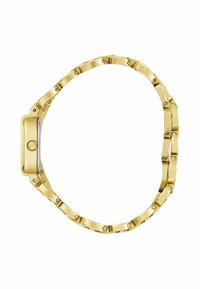 Orologio da polso con bracciale dorato, design a maglie, cassa rettangolare e finitura lucida. Presenta viti visibili lungo le maglie.