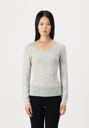 Light gray long-sleeve sweater with a round neckline, made from soft knit fabric, featuring fitted design and ribbed cuffs.
