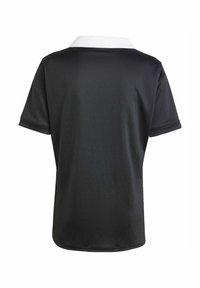 Sort polo t-shirt med hvid krave, korte ærmer og en glat, mat overflade. Bagudsnit viser en rundet kant.