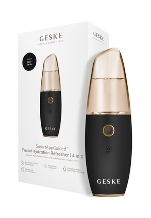 Rafraîchisseur d'hydratation faciale 4 en 1 Geske avec corps noir, buse de brume dorée, emballage mettant en avant l'hydratation, le scan de la peau et les caractéristiques de la technologie hydro.