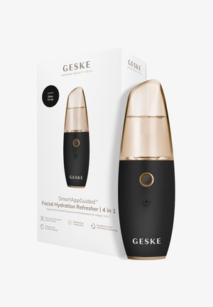 Geske 4-in-1 gezicht hydratatie verfrisser met zwarte body, gouden mistmondstuk, verpakking die hydraterende, huidscan en hydrotechnologie kenmerken benadrukt.