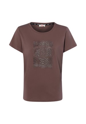 Bruine T-shirt met korte mouwen, ronde hals en een textuur rechthoekig ontwerp met een versierd ovaal patroon aan de voorkant.