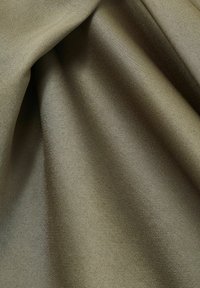 Tessuto verde oliva testurizzato, finitura liscia con una delicata lucentezza, che si drappeggia in pieghe, rivelando un colore uniforme e una qualità riflettente della luce.