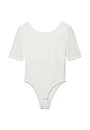 Body bianco a maniche corte con scollo ampio a girocollo e chiusura a scatto all'incavo delle gambe.