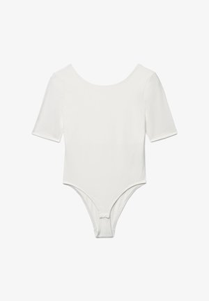 Body bianco a maniche corte con scollo ampio a girocollo e chiusura a scatto all'incavo delle gambe.