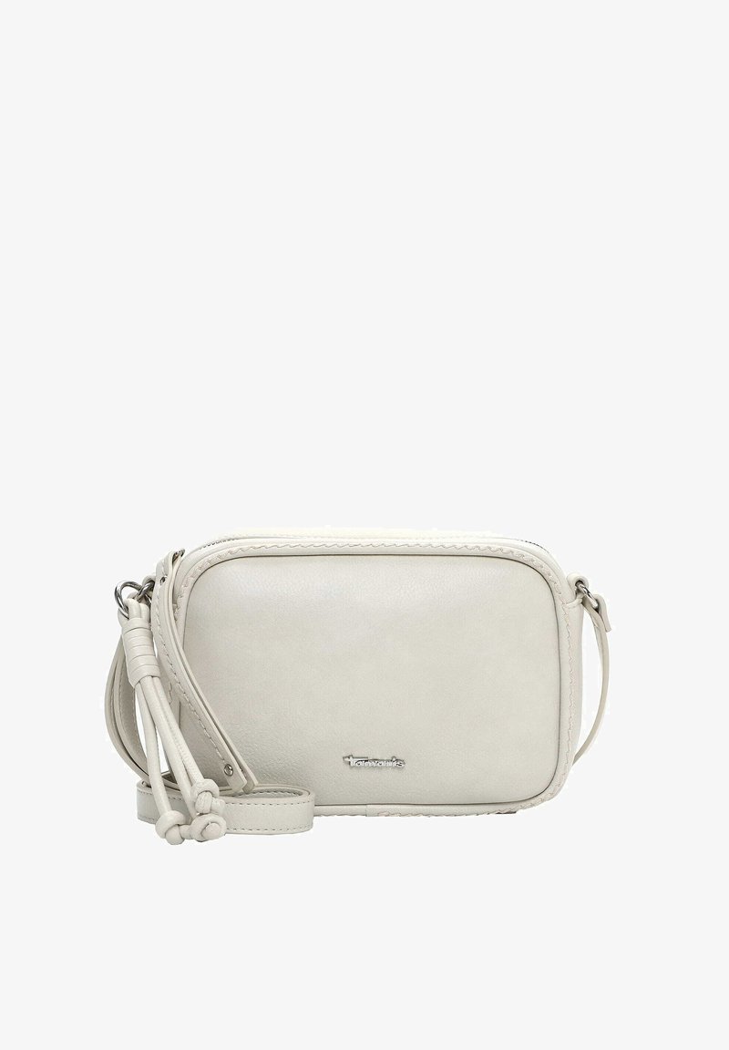 Sac bandoulière en cuir gris clair de forme rectangulaire, fermeture éclair, détail à franges et couture discrète le long des bords.