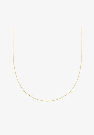 Kergelt õhuke kuldne kaelakee väikeste ümmarguste lingidega, riputatud valge tausta ees.