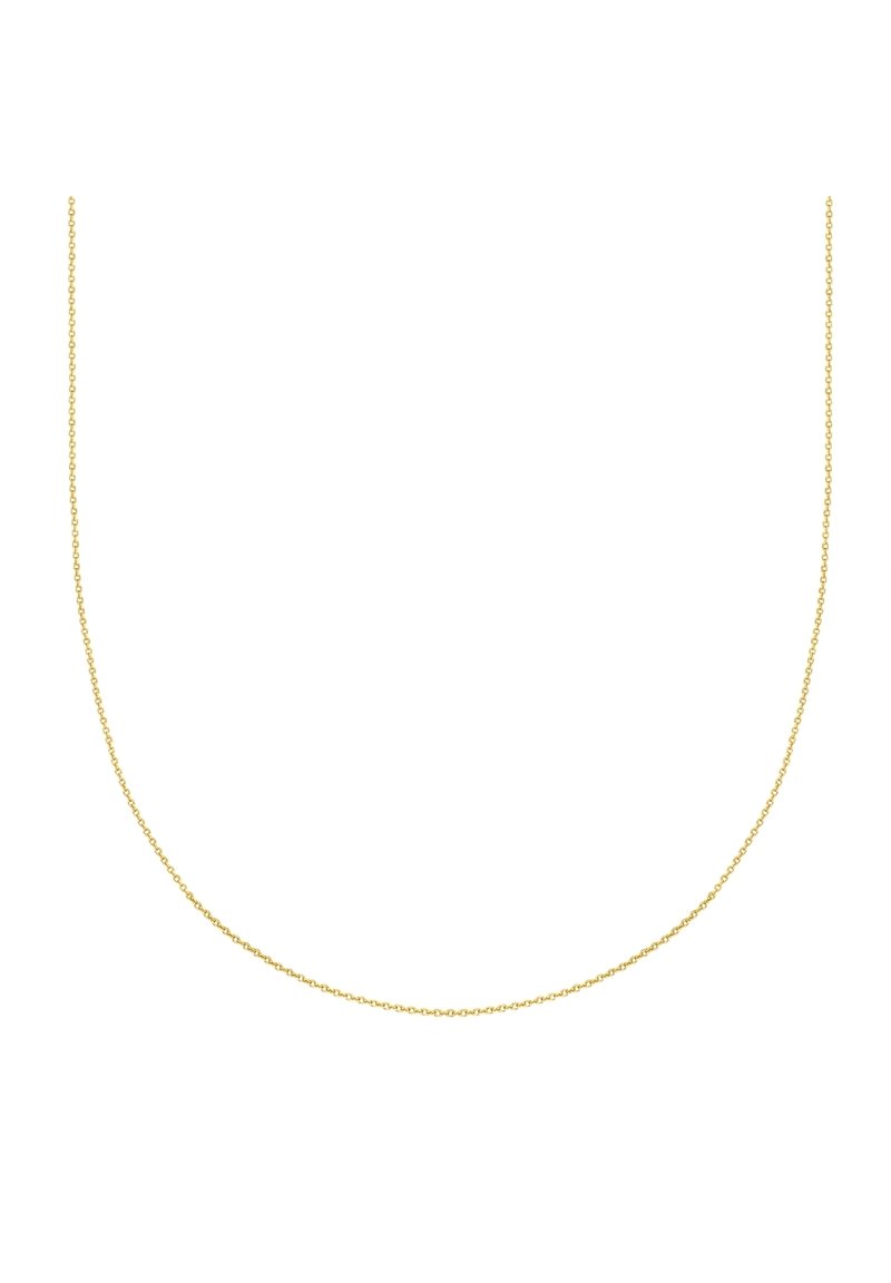 Finom, vékony aranylánc nyaklánc, apró kerek linkekkel, fehér háttér előtt lógva bemutatva.