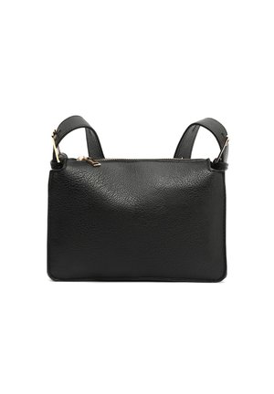 Čierna kabelka z texturovanej kože so zlatým zipsom a nastaviteľnými ramennými popruhmi na bielom pozadí.