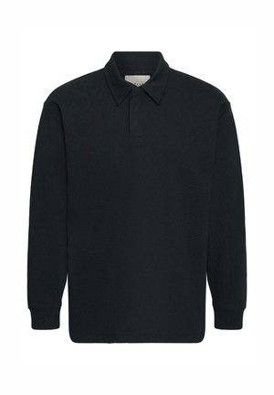 Polo de manga larga negro con cuello clásico y tapeta de botones, con puños acanalados y dobladillo recto.