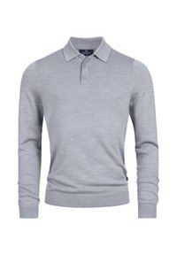 Graues Langarm-Polohemd aus weichem Stoff. Verfügt über einen klassischen Kragen, eine Dreiknopf-Leiste und gerippte Ärmelbündchen, die für einen taillierten Look sorgen.