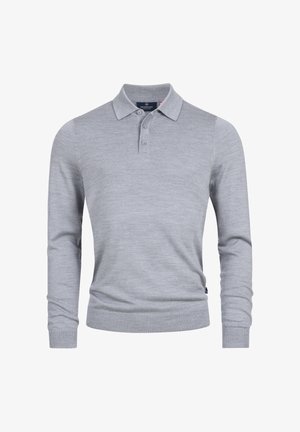 Grå langermet polo skjorte laget av mykt stoff. Den har en klassisk krage, tre-knapps placket og ribbestrikkede mansjetter, som gir et tettsittende utseende.