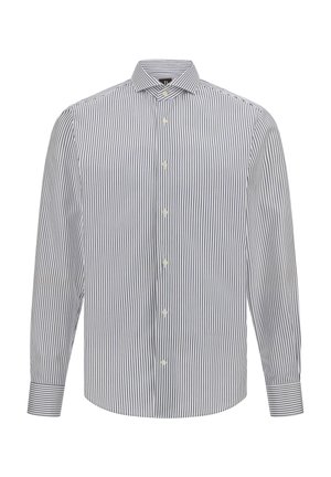 Chemise à manches longues, blanche avec des rayures verticales navy, col boutonné, fermetures à boutons à l'avant et manches à poignets. Tissu en mélange de coton.