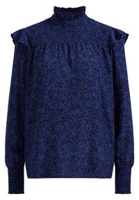 Blůza s dlouhými rukávy a vysokým límcem, modro-černý abstraktní vzor, smockované detaily na ramenou, manžetách a límci, volný střih.