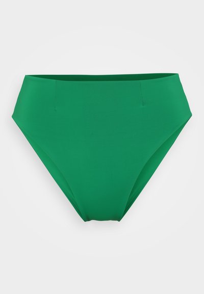 Chiloței de bikini cu talie înaltă, de culoare verde vibrantă, confecționați dintr-un material elastic cu o textură netedă și sărăciți în cusături pentru confort.