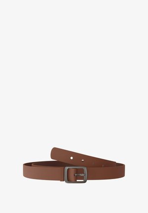 Brown synthetic belt with a matte finish, featuring a metallic silver rectangular buckle and multiple adjustment holes along the length.