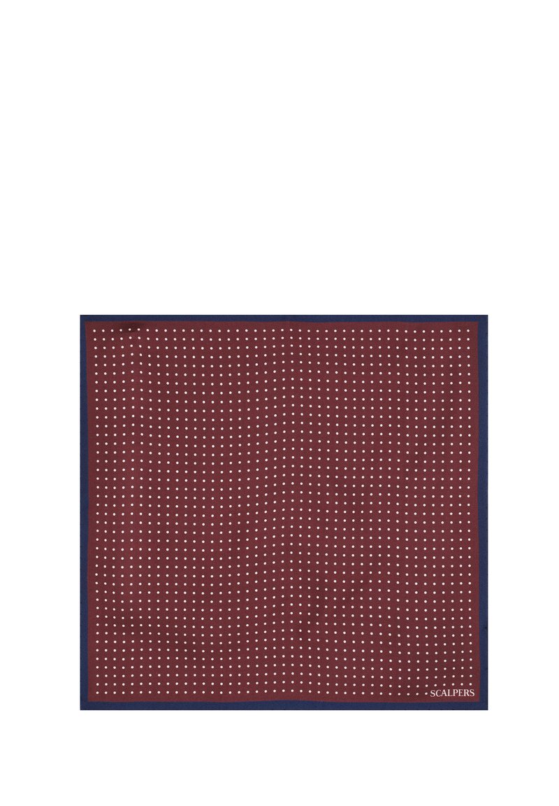 Bordeaux zijden pochette met een wit stippenpatroon, omlijst door een donkerblauwe rand. Kenmerkt zich door een klein 'Scalpers'-logo in de hoek.