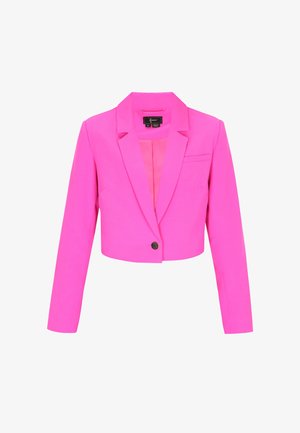 Helles pinkes, kurz geschnittenes Blazer mit langen Ärmeln, schwarzem Einzelknopfverschluss, Revers mit Kerbe und einer Brusttasche.