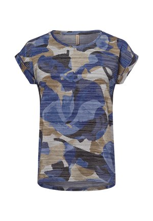 Short-sleeve blouse in a floral pattern featuring blue, black, and beige hues. Made from a textured fabric with a rounded neckline.