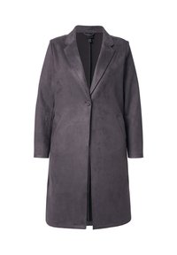 Abrigo largo de ante gris con cuello de muesca, cierre de un solo botón, bolsillos laterales y textura suave. Diseño entallado hasta la rodilla.