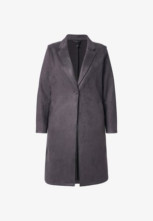 Grijze lange suède jas met een reverskraag, enkele knoopsluiting, zijzakken en een gladde textuur. Getailleerd, knielang ontwerp.