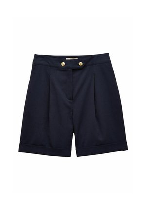 Marineblaue Shorts mit Falten, vorne zwei goldene Knöpfe, umgeschlagene Säume und eine glatte Stoffstruktur. Klassisches Design, geeignet für verschiedene Anlässe.