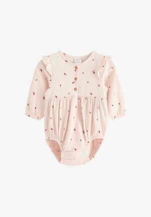 Lyserød bodystocking med lange ærmer, flæse skuldre, rødt blomstermønster og tre guldknapper foran. Trykknap lukning i bunden.